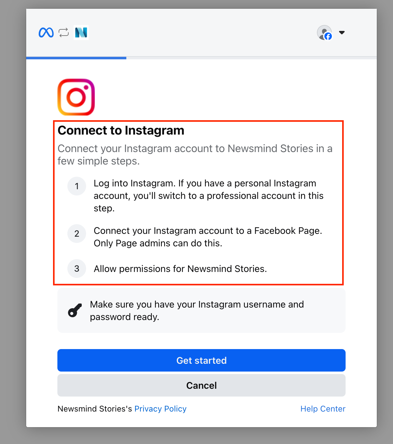 The "Connect to Instagram" dialog shown by Newsmind Stories, listing the three connection steps