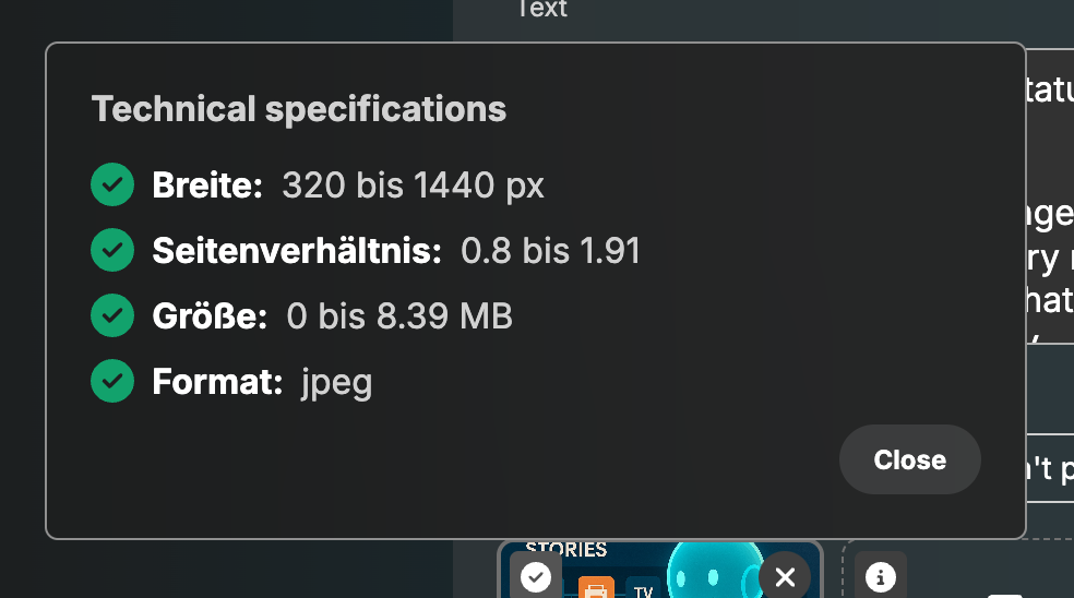 Technical specifications dialog for an image, with all requirements met