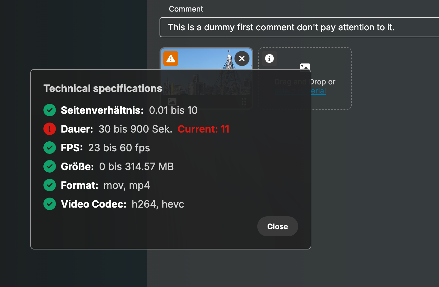 Technical specifications dialog for a video, showing a violated duration requirement